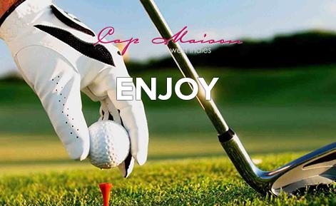 Golf ball being placed on green next to golf club with the text 