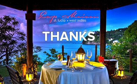 Outdoor night shot of Cap Maison dinning at property with the text 